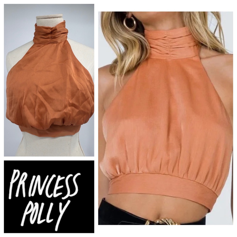 Princess Polly Halter Top Copper Brown High Neck Tie Back Crop Top Size 2